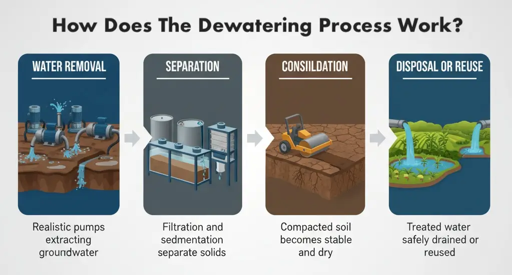 Infographic showing the dewatering process with four main steps: water removal using pumps, separation through filtration, soil consolidation, and treated water disposal or reuse — explaining how the dewatering process works effectively.
